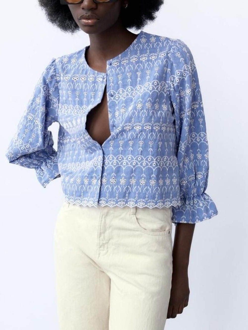 Zara cotton light blue embroidered blouse size XS - Picture 7 of 14